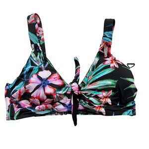 TiniBikini bikini top black bright pink green tropical floral print Small swim